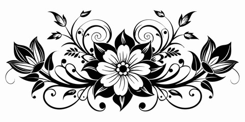 ornamental floral design, black and white illustration, swirling patterns, elegant curves, abstract flowers, vintage style, minimalist artwork
