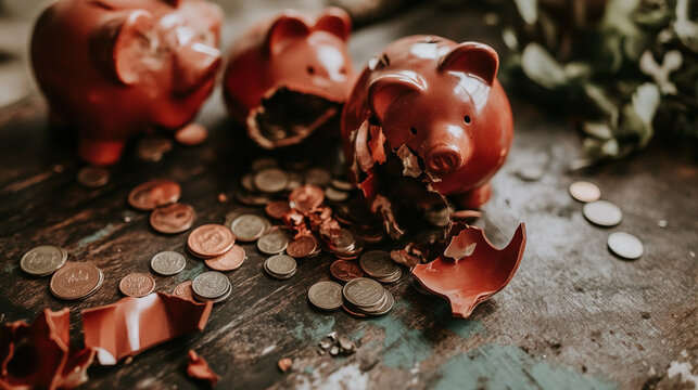 Broken piggy bank with coins scattered around, symbolizing financial struggle and the need for careful budgeting and saving.