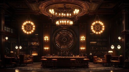Obraz premium A steampunk chandelier with hanging gears and glowing filament bulbs, illuminating a Victorian-style room with plush furniture and dark wood paneling, soft shadows, ultra-realistic design, hd quality.