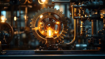 Fototapeta premium A steampunk gear lamp with glowing tubes and spinning brass mechanisms, resting on a metal shelf in a dimly lit industrial studio, surrounded by pipes and valves, cinematic ambiance, hd clarity.