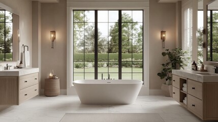 Luxurious modern bathroom with white bathtub, greenery view, marble floor, freestanding tub, elegant design, and natural light.
