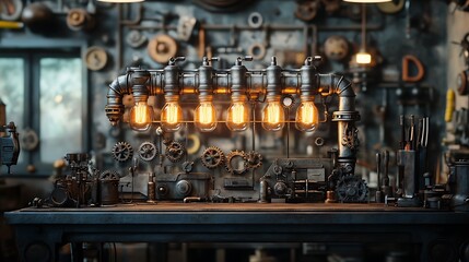 A steampunk-inspired industrial pipe lamp with multiple glowing filament bulbs, sitting on a metal shelf surrounded by vintage tools and gears in a dimly lit workshop, highly detailed textures,
