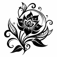 ornamental floral design, black and white illustration, swirling patterns, elegant curves, abstract flowers, vintage style, minimalist artwork
