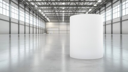 A white roll of toilet paper sits in a large, empty room