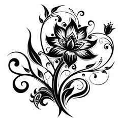 abstract floral design, black and white, symmetrical pattern, stylized flowers, elegant swirls, graphic elements, artistic motif, minimalist décor, botanical theme, modern illustration