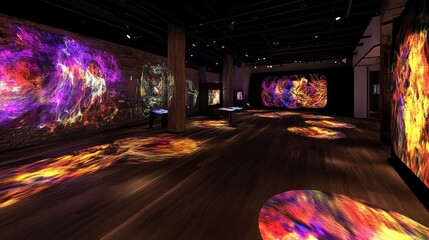 A vibrant art installation featuring colorful projections on walls and floors.
