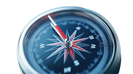 Close-up of a compass showing cardinal directions. transparent background