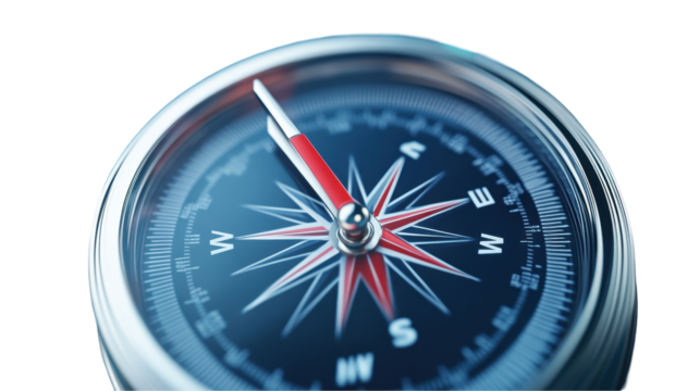 Close-up of a compass showing cardinal directions. transparent background