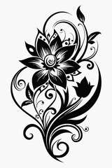 ornamental floral design, black and white illustration, swirling patterns, elegant curves, abstract flowers, vintage style, minimalist artwork
