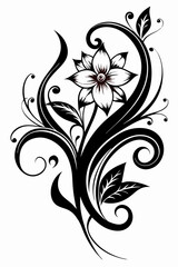 ornamental floral design, black and white illustration, swirling patterns, elegant curves, abstract flowers, vintage style, minimalist artwork
