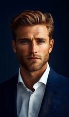 Stylish and Confident Female Model in Navy Blue Backdrop