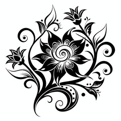 abstract floral design, black and white, symmetrical pattern, stylized flowers, elegant swirls, graphic elements, artistic motif, minimalist décor, botanical theme, modern illustration