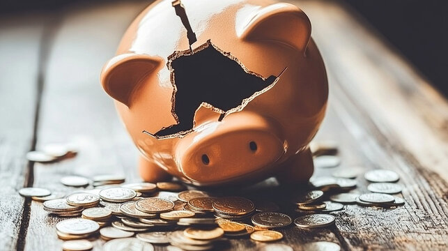 Broken piggy bank with coins scattered around, symbolizing financial struggle and the need for careful budgeting and saving.