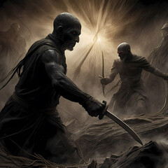 Dunkle K&auml;mpfer im Schatten der Zerst&ouml;rung mit Klingen in der Hand, bereit zu k&auml;mpfen