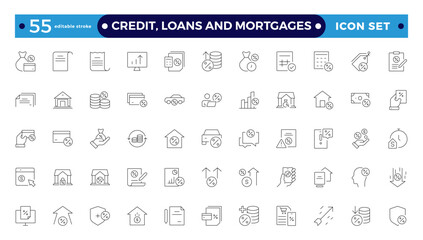 Credit, Loans and Mortgages web icons in outline style. Credit card, deposit, car leasing, rate interest, calculator, income, rating, collection. Editable stroke outline icon.