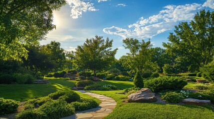 Fototapeta premium Landscape featuring hopeful elements like bright skies, lush greenery, or a serene view