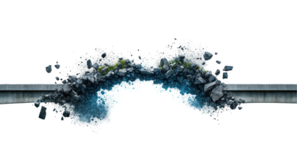 Dynamic water flow breaking through concrete barrier transparent background