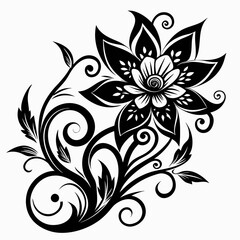 ornamental floral design, black and white illustration, swirling patterns, elegant curves, abstract flowers, vintage style, minimalist artwork
