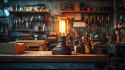 A vintage Edison bulb desk lamp with a weathered iron base, glowing warmly on a cluttered wooden workbench in an old-fashioned workshop filled with vintage tools, cinematic lighting,
