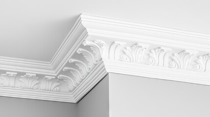 Polystyrene ceiling cornices in white add elegance and charm to any room. This image highlights white polystyrene ceiling cornices, perfect for photo style with copy space.