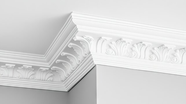 Polystyrene ceiling cornices in white add elegance and charm to any room. This image highlights white polystyrene ceiling cornices, perfect for photo style with copy space.