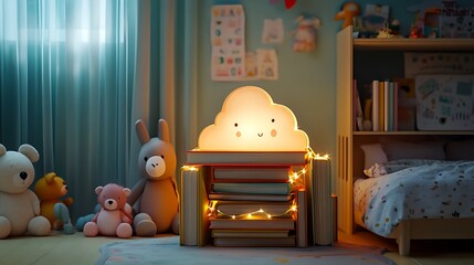 A whimsical book stack lamp with fairy lights woven around the books, casting a soft magical glow, set in a child’s bedroom with playful decor and colorful stuffed animals, cinematic lighting,
