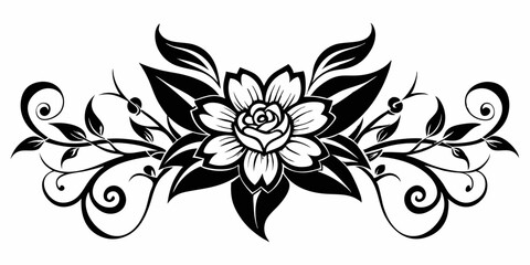 ornamental floral design, black and white illustration, swirling patterns, elegant curves, abstract flowers, mandala design, vintage style, minimalist artwork
