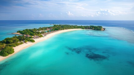 Fototapeta premium Aerial view captures a serene tropical beach, where turquoise water envelops a tranquil island, ideal for relaxation, exploration, and breathtaking scenery. Ample space for text.