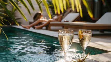 Two champagne flutes by a poolside with a couple relaxing in the background. Generative ai