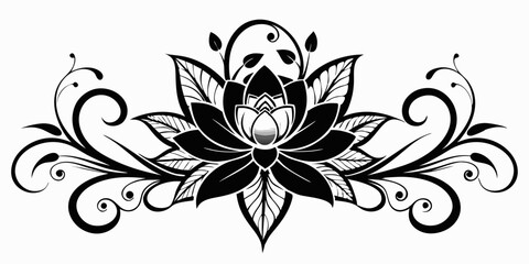 ornamental floral design, black and white illustration, swirling patterns, elegant curves, abstract flowers, mandala design, vintage style, minimalist artwork