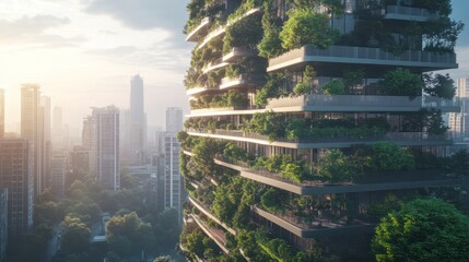 Obraz premium A modern green building integrated with nature in an urban landscape.