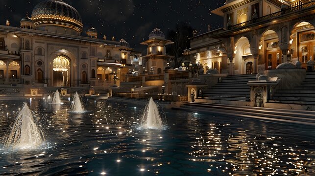 Night view of a luxurious, ornate palace complex with fountains and water features.