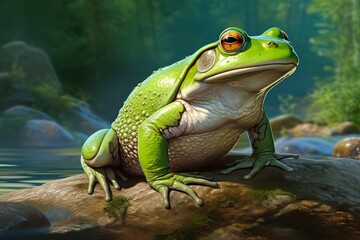 Fototapeta premium Big Bullfrog on a Rock: A Green Amphibian with Slimy Skin and Grey Eyes in Aquatic Surroundings