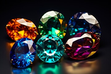 Bright Gemstones on Black. Set of Brilliant Jewels in Variety of Colors Including Sapphire and Emerald, Displayed on a Dark Background