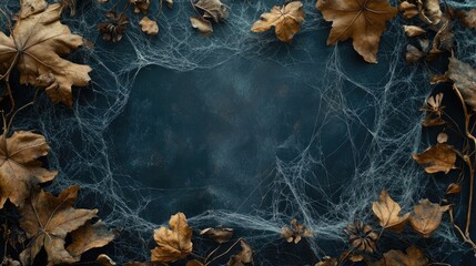 Scary wedding decoration with dried leaves and spider web creates an eerie atmosphere. This spooky wedding decoration includes intricate spider webs and provides blank space for text.