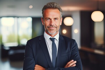 Fototapeta premium Closeup Head Shot of Photogenic Middle Aged Businessman Posing with Confidence in Office Interior - Perfect for Career and Financial Startup Employer