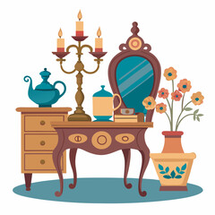 antique side table with elements on a white background