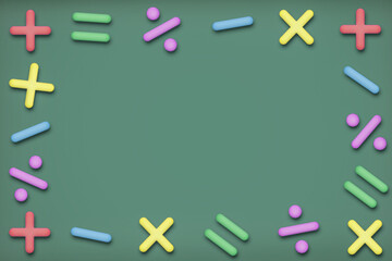 緑色の背景に立体的でカラフルな計算の記号が並ぶフレーム