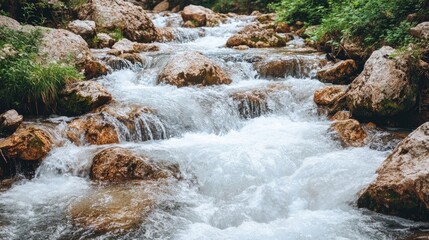 Close-up of a fast-flowing river with rushing water cascading over stones, creating natural rapids in a forest. The beautiful stream offers a high-angle view and ample copy space.