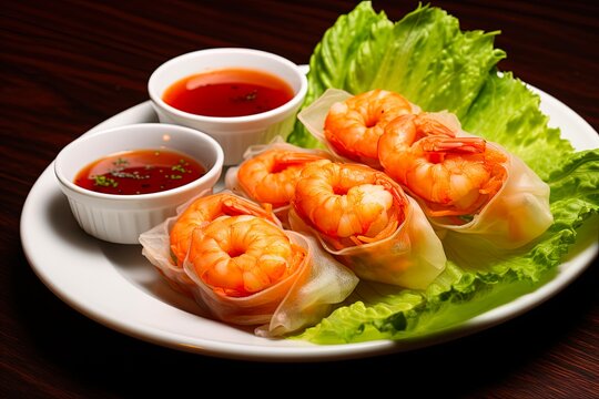 Crispy Fried Shrimp Spring Rolls on a Lettuce-Lined Plate. Delicious Homemade Snack with Asian Culture Roots