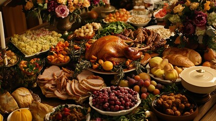 Fototapeta premium Abundant Thanksgiving feast with roasted turkey, ham, side dishes, fruits, and bread on a rustic wooden table.