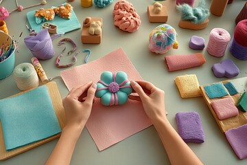A creative workspace with crafting materials and a flower-shaped design being made.