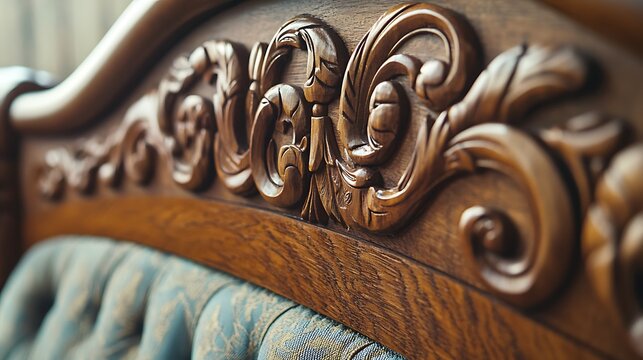 The back of a wooden chair with a floral design