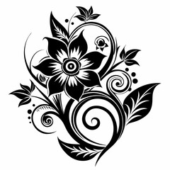 ornamental floral design, black and white illustration, swirling patterns, elegant curves, abstract flowers, mandala design, vintage style, minimalist artwork