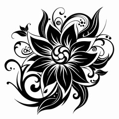 ornamental floral design, black and white illustration, swirling patterns, elegant curves, abstract flowers, mandala design, vintage style, minimalist artwork