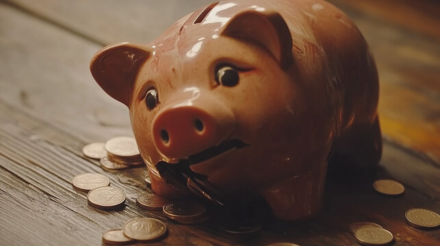 Broken piggy bank with coins scattered around, symbolizing financial struggle and the need for careful budgeting and saving.