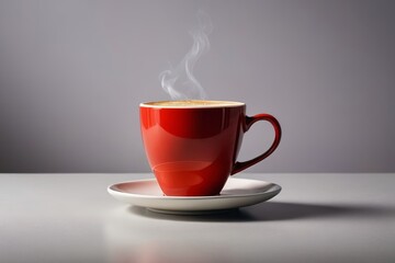 there is a red cup of coffee on a saucer on a table
