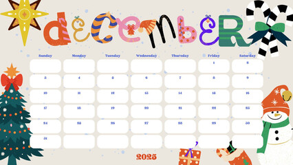 calendar for 2025 with christmas tree