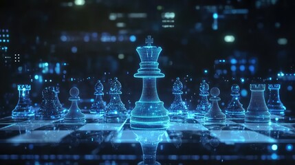 Digital Chessboard Strategy: A futuristic chessboard with glowing, translucent chess pieces, the king piece prominently featured, against a dark, tech-inspired backdrop.