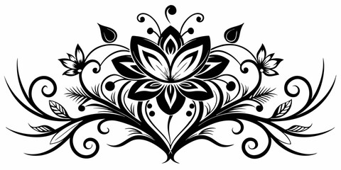 ornamental floral design, black and white illustration, swirling patterns, elegant curves, abstract flowers, mandala design, vintage style, minimalist artwork